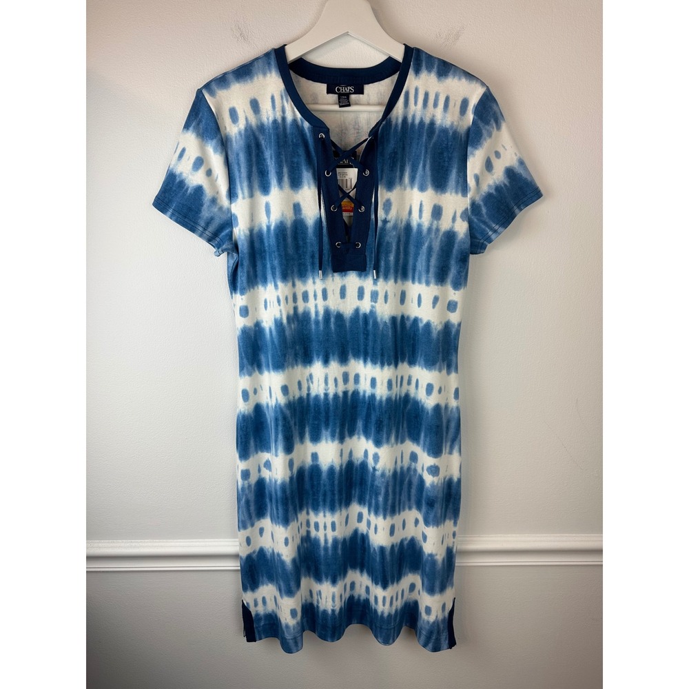 CHAPS White & Blue Lightweight Tie Dye Short Sleeve Shirt Dress NWT Large
